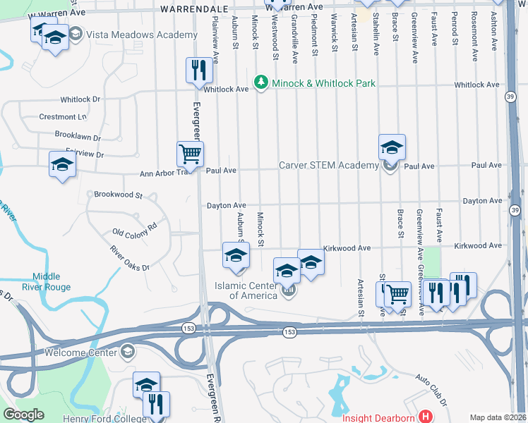 map of restaurants, bars, coffee shops, grocery stores, and more near 6201 Westwood Street in Detroit