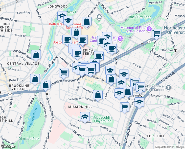 map of restaurants, bars, coffee shops, grocery stores, and more near 1635 Tremont Street in Boston