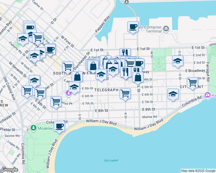 map of restaurants, bars, coffee shops, grocery stores, and more near I Street in Boston