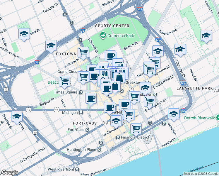 map of restaurants, bars, coffee shops, grocery stores, and more near 1001 Library Street in Detroit