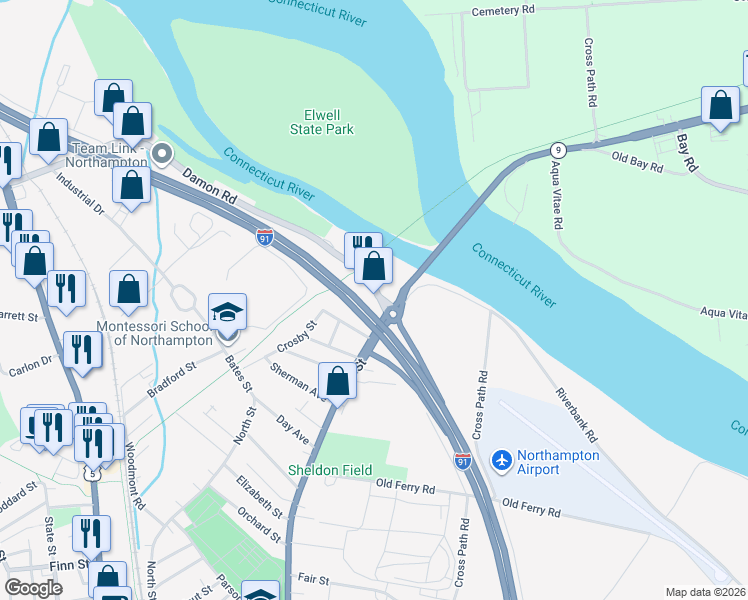 map of restaurants, bars, coffee shops, grocery stores, and more near 391 Damon Road in Northampton