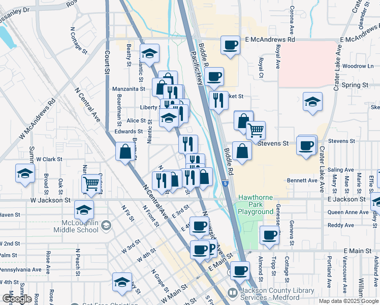 map of restaurants, bars, coffee shops, grocery stores, and more near 794 North Riverside Avenue in Medford