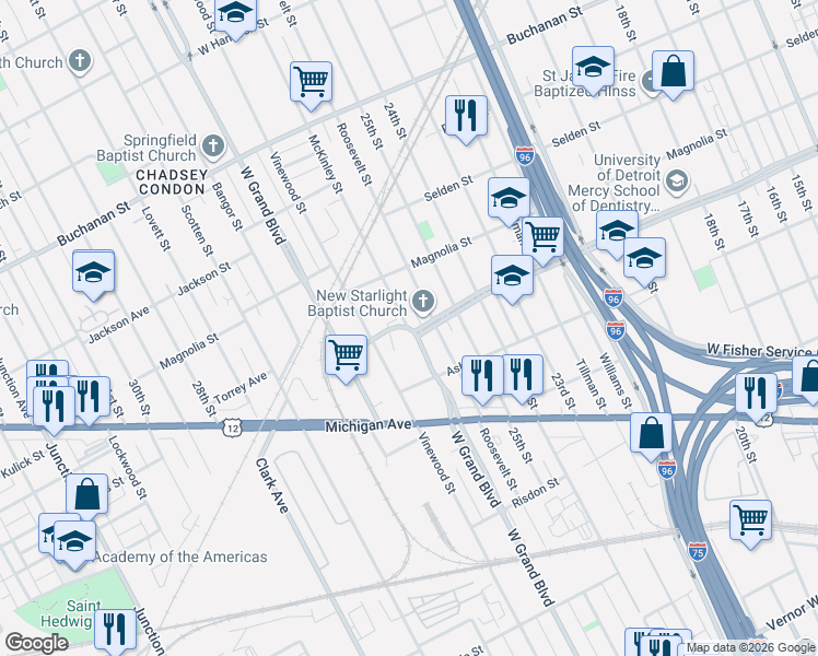 map of restaurants, bars, coffee shops, grocery stores, and more near West Grand Boulevard in Detroit