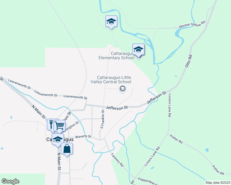 map of restaurants, bars, coffee shops, grocery stores, and more near 25 North Franklin Street in Cattaraugus