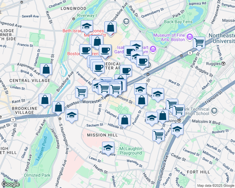 map of restaurants, bars, coffee shops, grocery stores, and more near 1635 Tremont Street in Boston