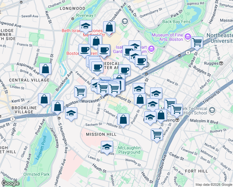 map of restaurants, bars, coffee shops, grocery stores, and more near 1635 Tremont Street in Boston