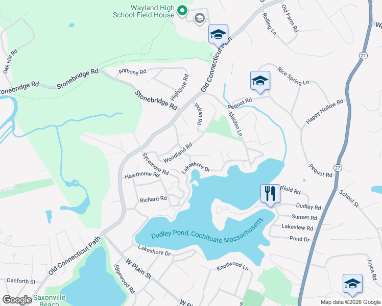 map of restaurants, bars, coffee shops, grocery stores, and more near 59 Woodland Road in Wayland