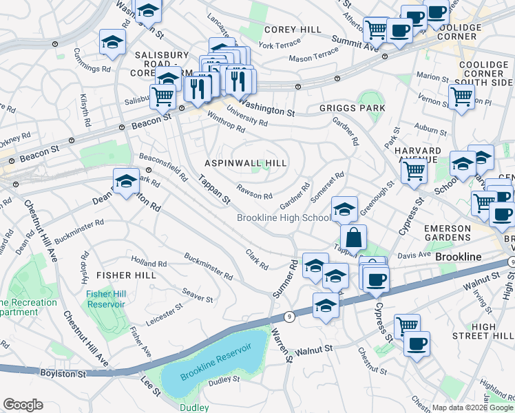 map of restaurants, bars, coffee shops, grocery stores, and more near 120 Rawson Road in Brookline