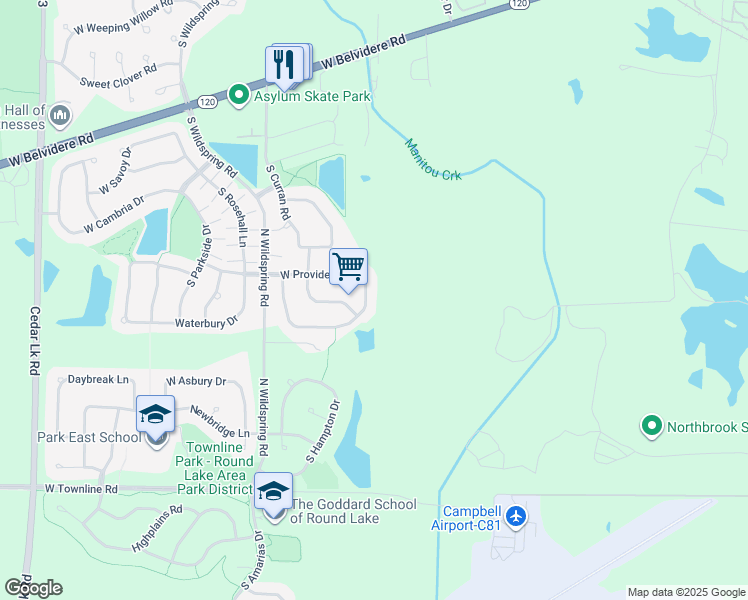 map of restaurants, bars, coffee shops, grocery stores, and more near 739 South Providence Lane in Round Lake