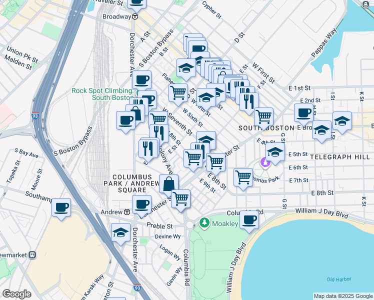 map of restaurants, bars, coffee shops, grocery stores, and more near 174 West 8th Street in Boston