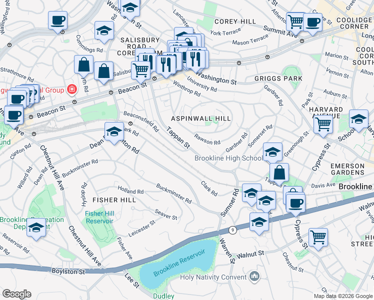 map of restaurants, bars, coffee shops, grocery stores, and more near 13 Beaconsfield Road in Brookline