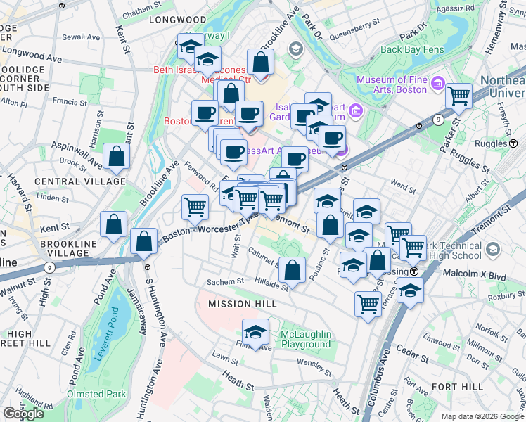 map of restaurants, bars, coffee shops, grocery stores, and more near Huntington Avenue & Tremont Street in Boston