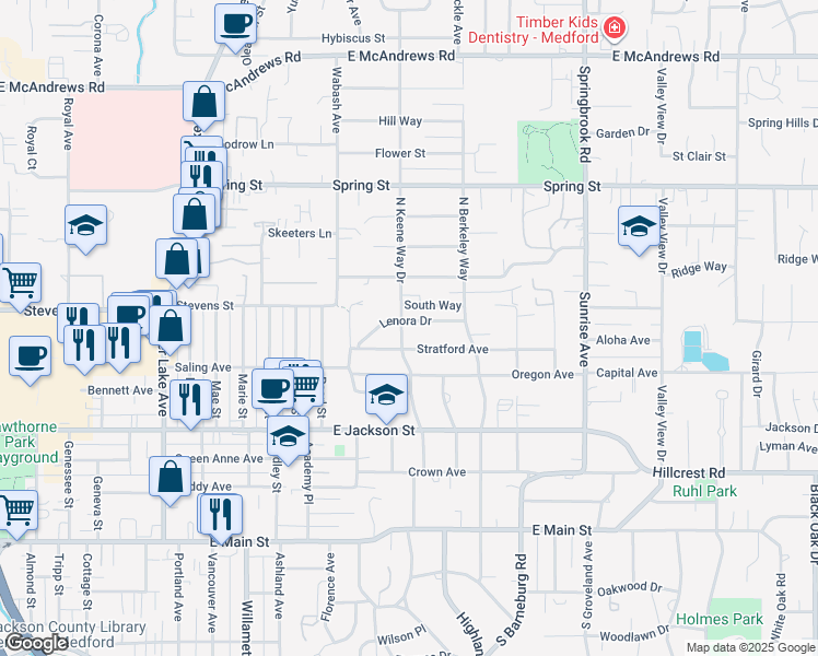 map of restaurants, bars, coffee shops, grocery stores, and more near 1549 Lenora Drive in Medford