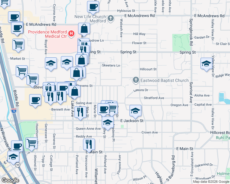 map of restaurants, bars, coffee shops, grocery stores, and more near 545 Pearl Street in Medford