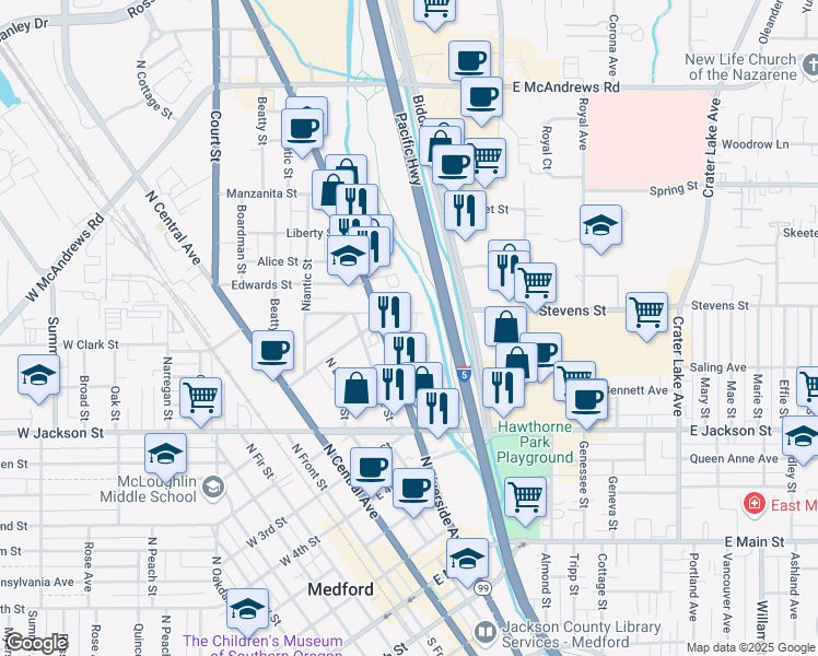 map of restaurants, bars, coffee shops, grocery stores, and more near 794 North Riverside Avenue in Medford
