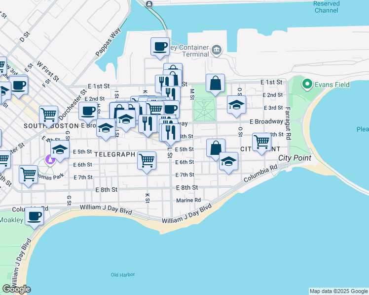 map of restaurants, bars, coffee shops, grocery stores, and more near 309 Emerson Street in Boston