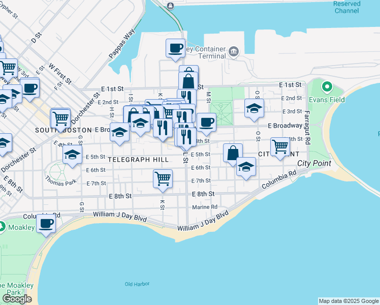 map of restaurants, bars, coffee shops, grocery stores, and more near 85 L Street in Boston