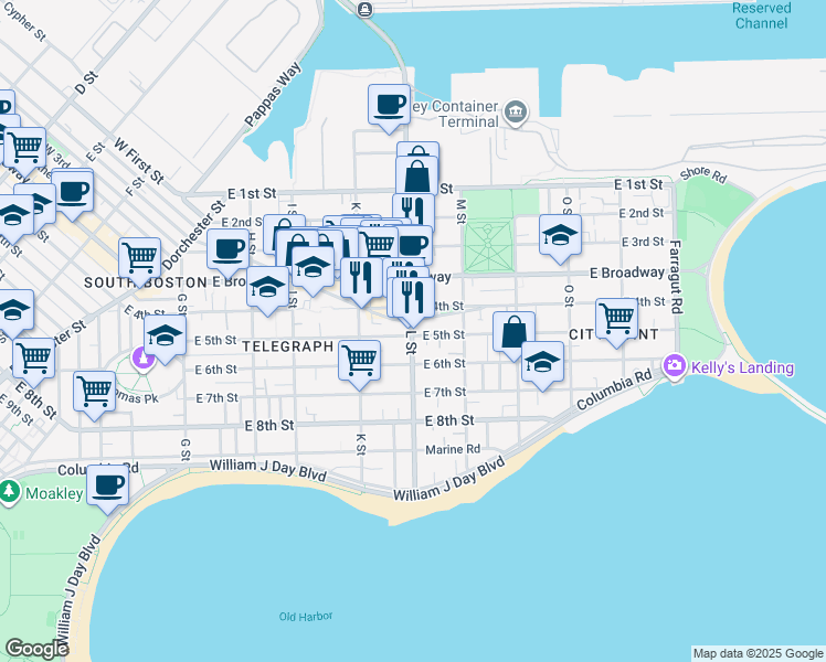 map of restaurants, bars, coffee shops, grocery stores, and more near 85 L Street in Boston