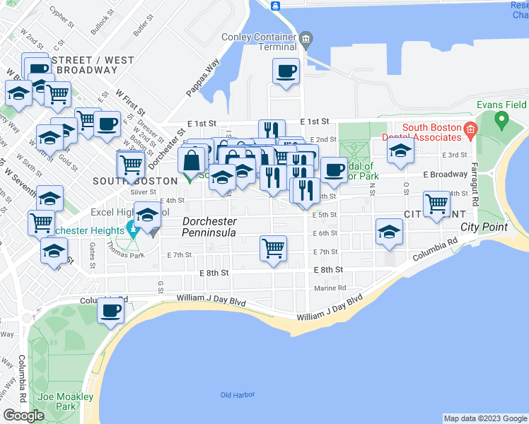map of restaurants, bars, coffee shops, grocery stores, and more near 657 East 4th Street in Boston