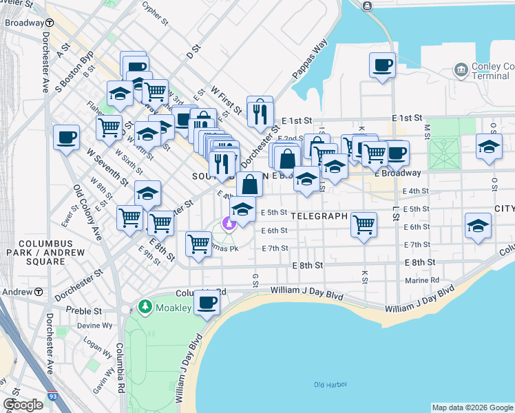 map of restaurants, bars, coffee shops, grocery stores, and more near 43 G Street in Boston