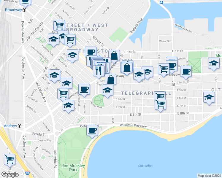 map of restaurants, bars, coffee shops, grocery stores, and more near 43 G Street in Boston