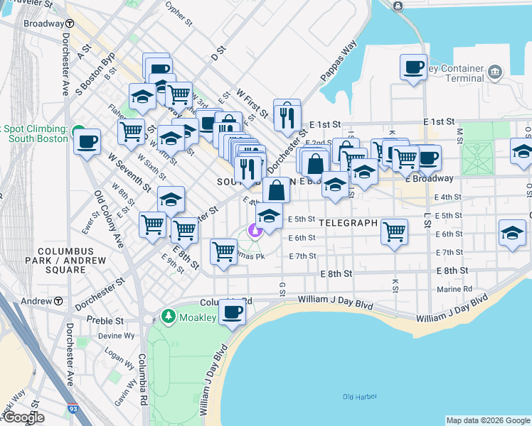 map of restaurants, bars, coffee shops, grocery stores, and more near 43 G Street in Boston