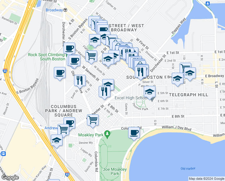 map of restaurants, bars, coffee shops, grocery stores, and more near 52 F Street in Boston