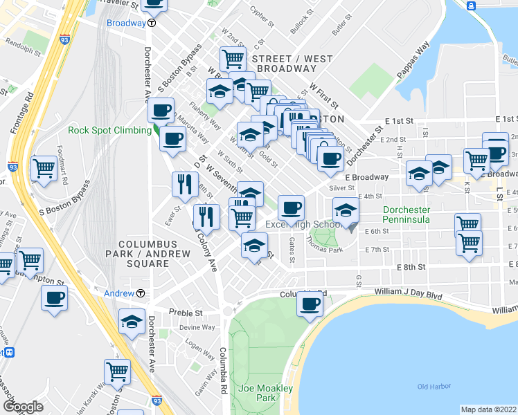 map of restaurants, bars, coffee shops, grocery stores, and more near 52 F Street in Boston