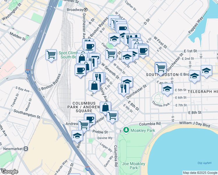 map of restaurants, bars, coffee shops, grocery stores, and more near 188 E Street in Boston