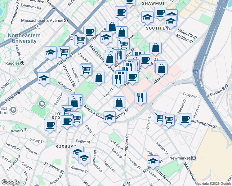 map of restaurants, bars, coffee shops, grocery stores, and more near 62-64 Northampton Street in Boston