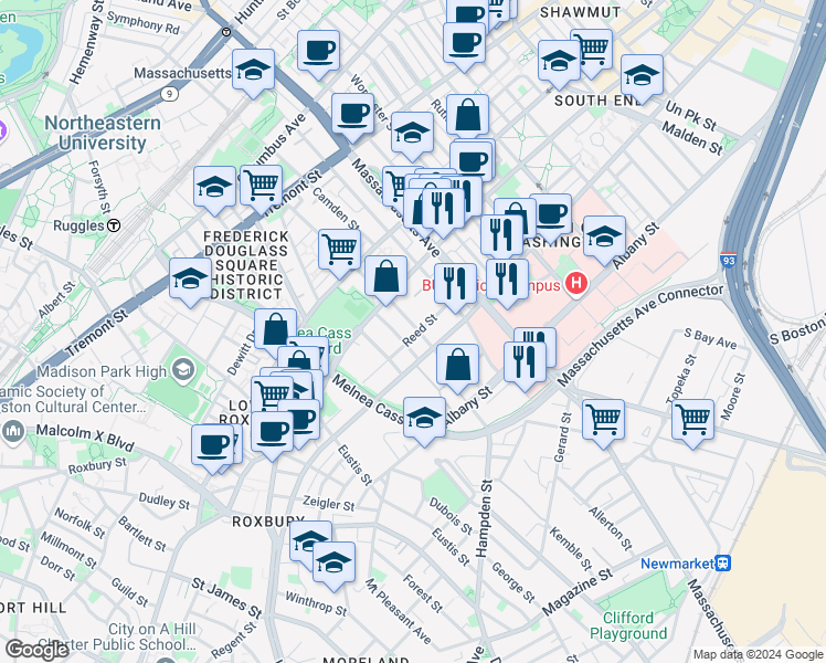 map of restaurants, bars, coffee shops, grocery stores, and more near 20 East Lenox Street in Boston