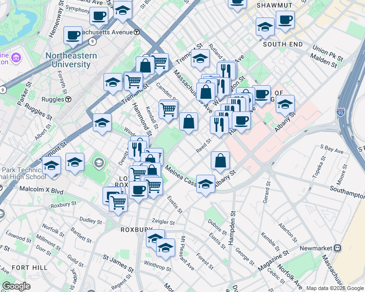 map of restaurants, bars, coffee shops, grocery stores, and more near in Boston
