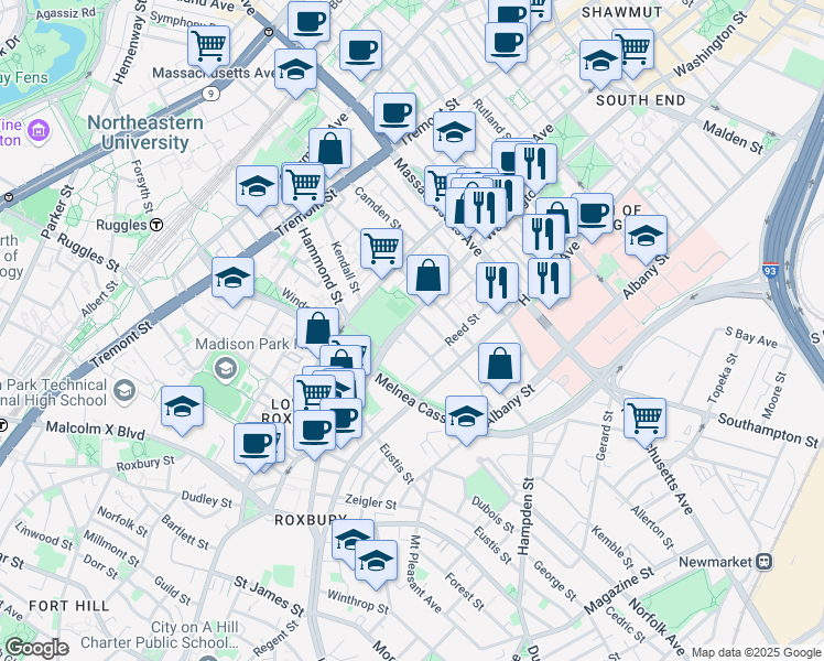 map of restaurants, bars, coffee shops, grocery stores, and more near in Boston