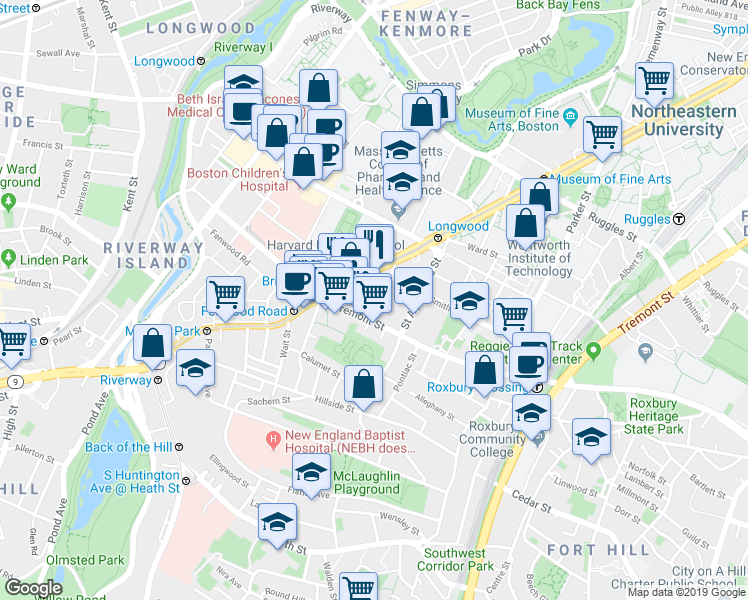 map of restaurants, bars, coffee shops, grocery stores, and more near in Boston