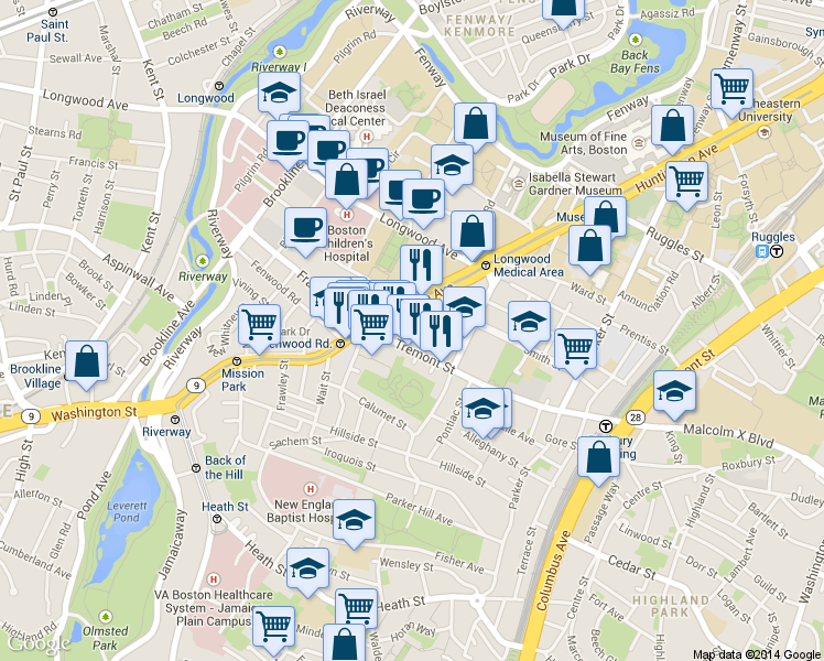 map of restaurants, bars, coffee shops, grocery stores, and more near in Boston