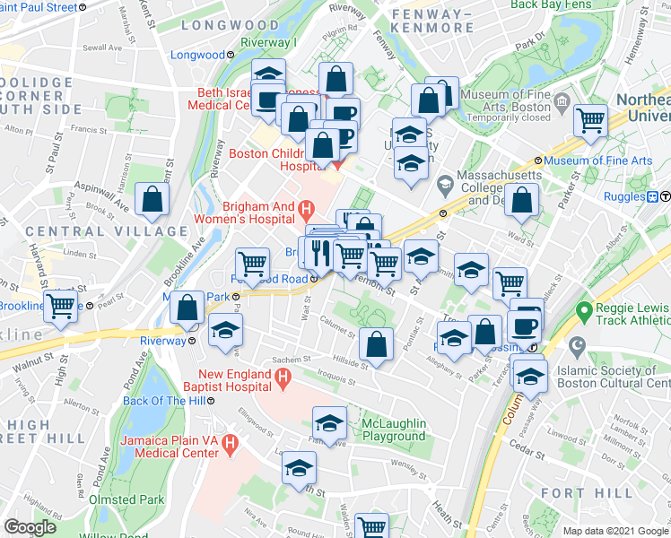 map of restaurants, bars, coffee shops, grocery stores, and more near 1635 Tremont Street in Boston