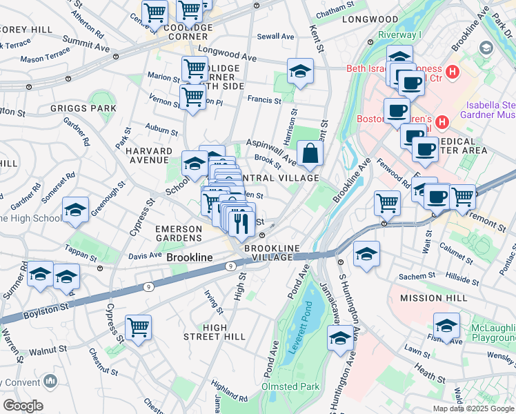 map of restaurants, bars, coffee shops, grocery stores, and more near 45 Linden Street in Brookline