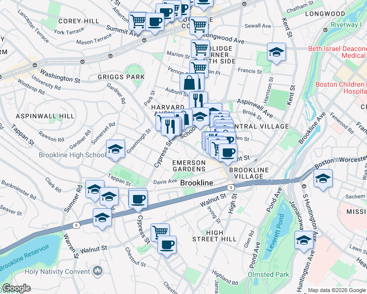 map of restaurants, bars, coffee shops, grocery stores, and more near 8 Cypress Street in Brookline