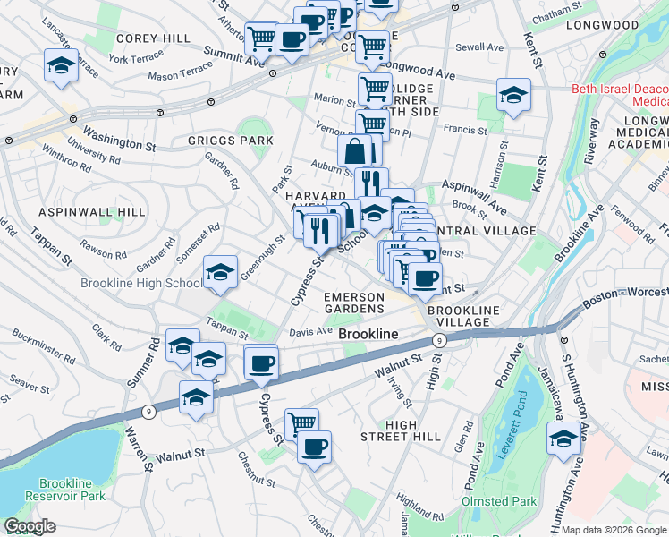 map of restaurants, bars, coffee shops, grocery stores, and more near 8 Cypress Street in Brookline