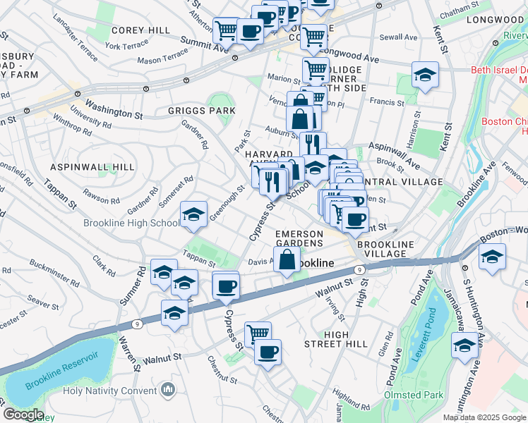 map of restaurants, bars, coffee shops, grocery stores, and more near 3 Cypress Street in Brookline