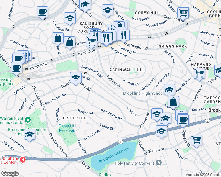 map of restaurants, bars, coffee shops, grocery stores, and more near 46 Beaconsfield Road in Brookline