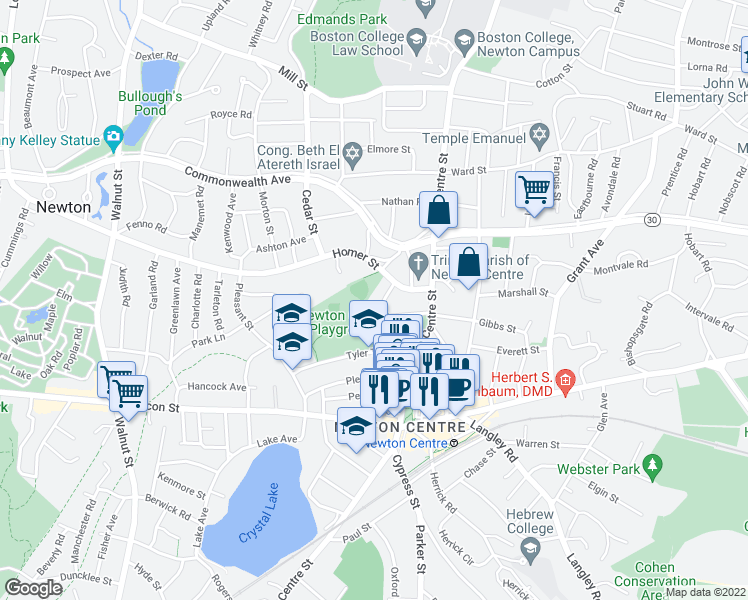 map of restaurants, bars, coffee shops, grocery stores, and more near 46 Homer Street in Newton