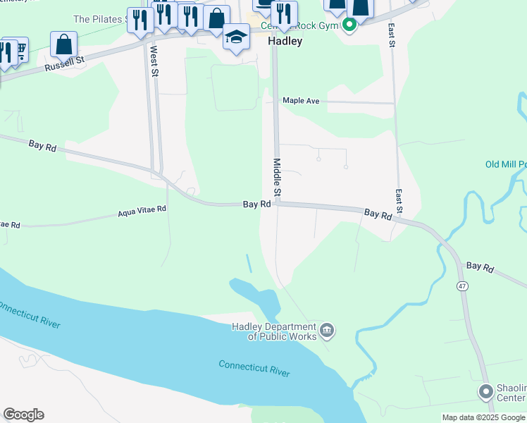 map of restaurants, bars, coffee shops, grocery stores, and more near 109 Aqua Vitae Road in Hadley