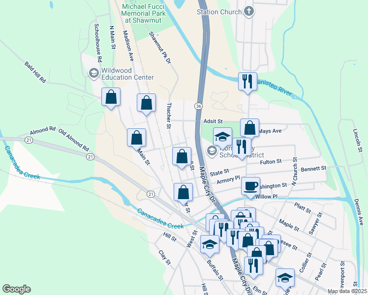 map of restaurants, bars, coffee shops, grocery stores, and more near Gurnsey Ln in Hornell