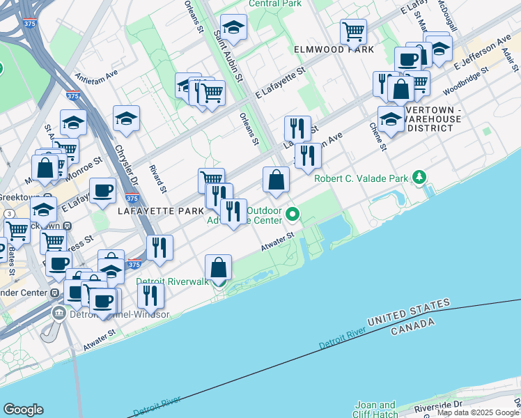 map of restaurants, bars, coffee shops, grocery stores, and more near 1534 East Jefferson Avenue in Detroit