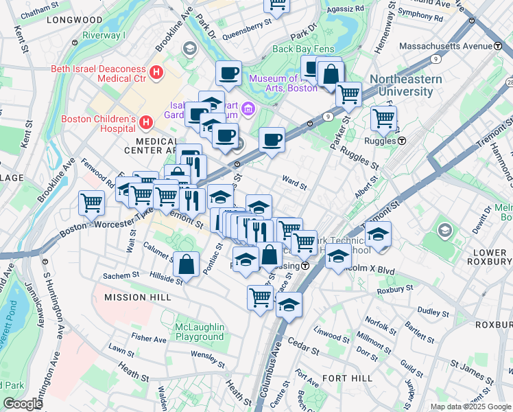 map of restaurants, bars, coffee shops, grocery stores, and more near 38 Horadan Way in Boston