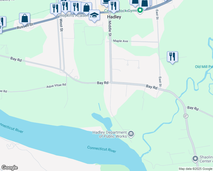 map of restaurants, bars, coffee shops, grocery stores, and more near 109 Aqua Vitae Road in Hadley