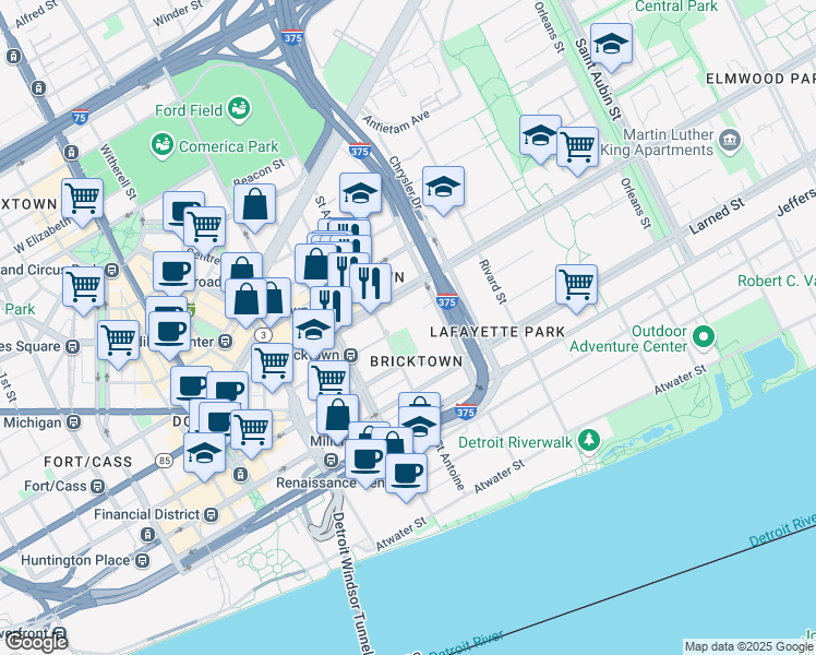 map of restaurants, bars, coffee shops, grocery stores, and more near 600 East Lafayette Street in Detroit