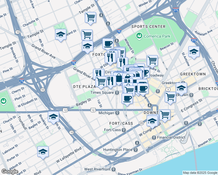 map of restaurants, bars, coffee shops, grocery stores, and more near 500 Grand River Avenue in Detroit