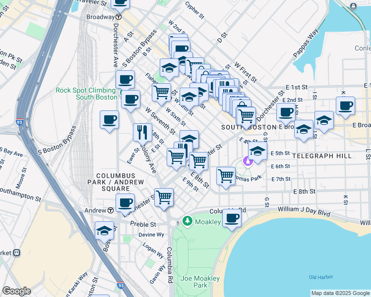 map of restaurants, bars, coffee shops, grocery stores, and more near 52 F Street in Boston